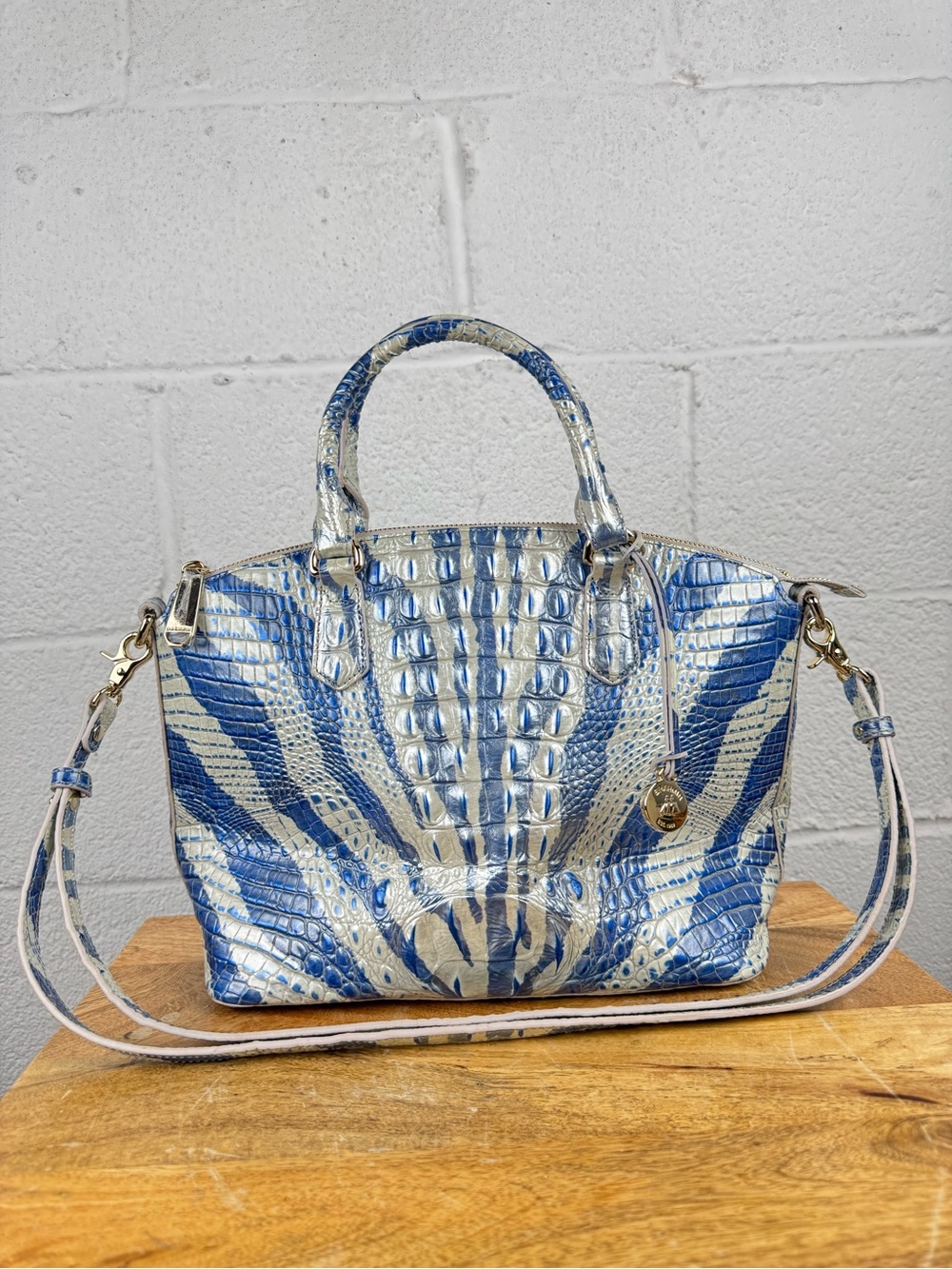 Brahmin Large Duxbury Mesmerized Melbourne Blue Silver Leather Satchel